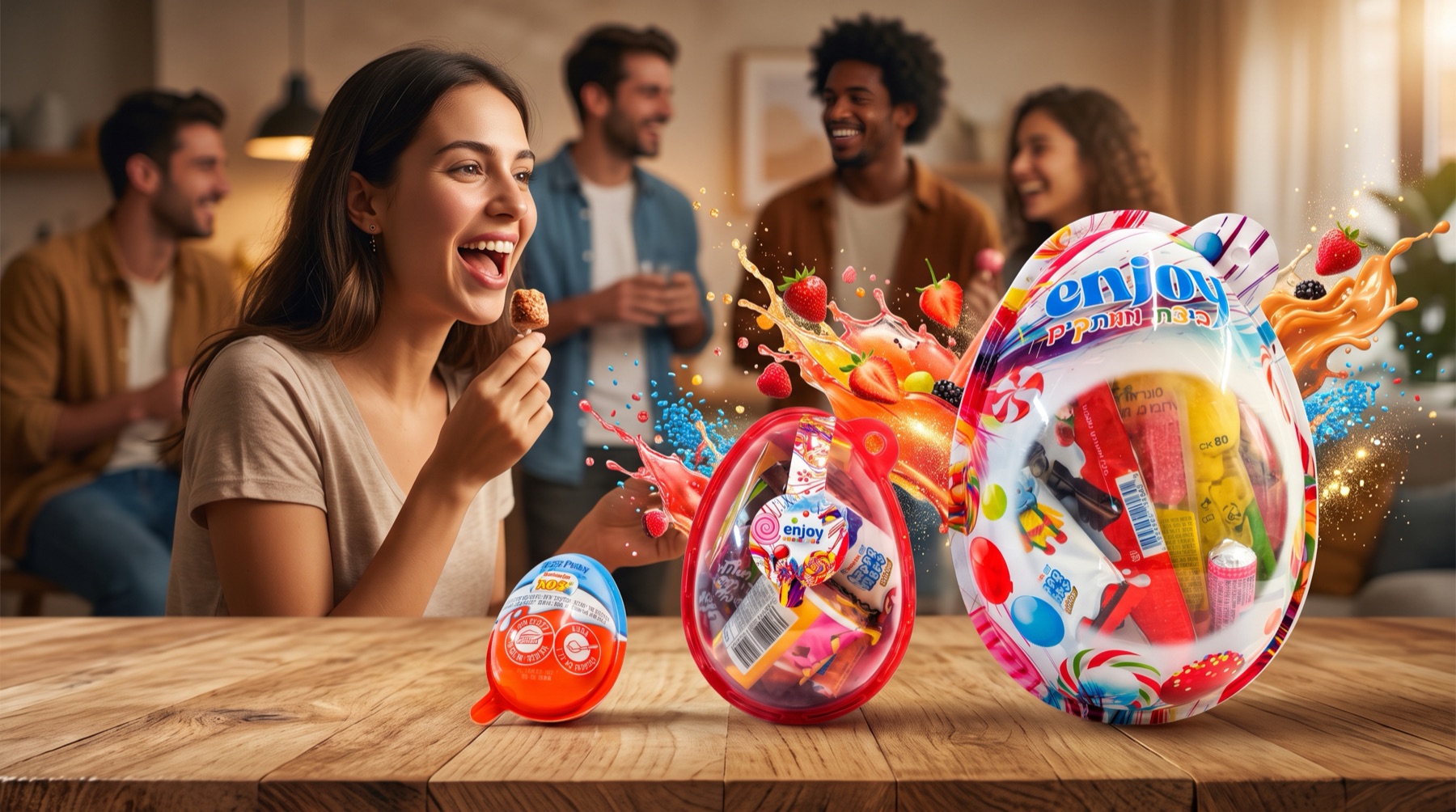 אישה צוחקת וטועמת ממתק, וחברים שמחים מאחוריה סביב שולחן עץ